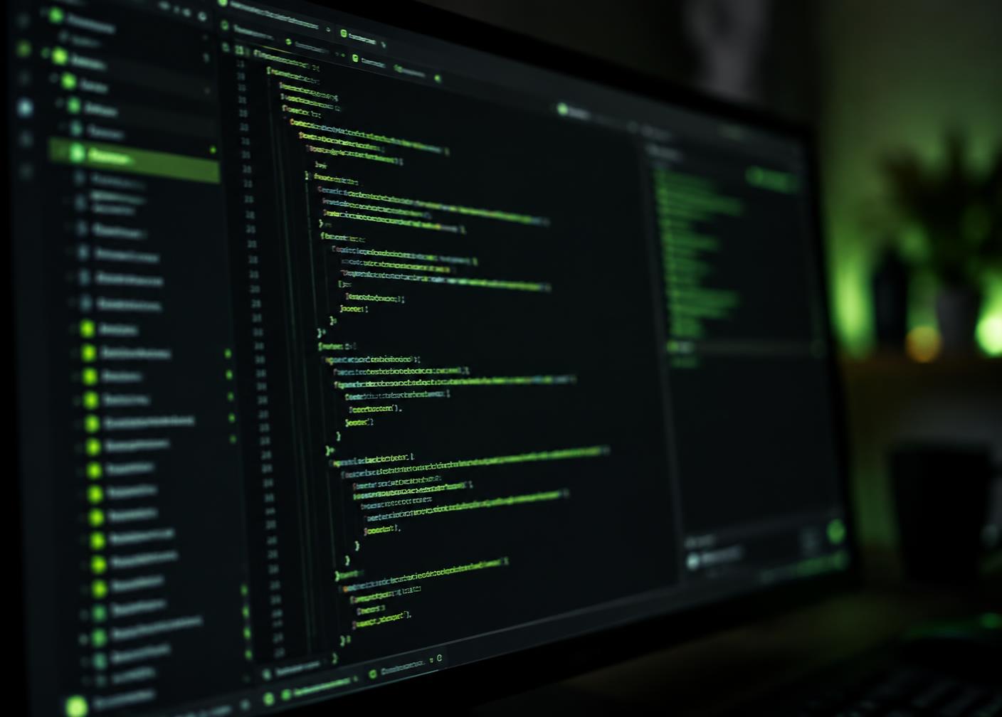 Code editor with green syntax highlighting on a monitor in a dim room