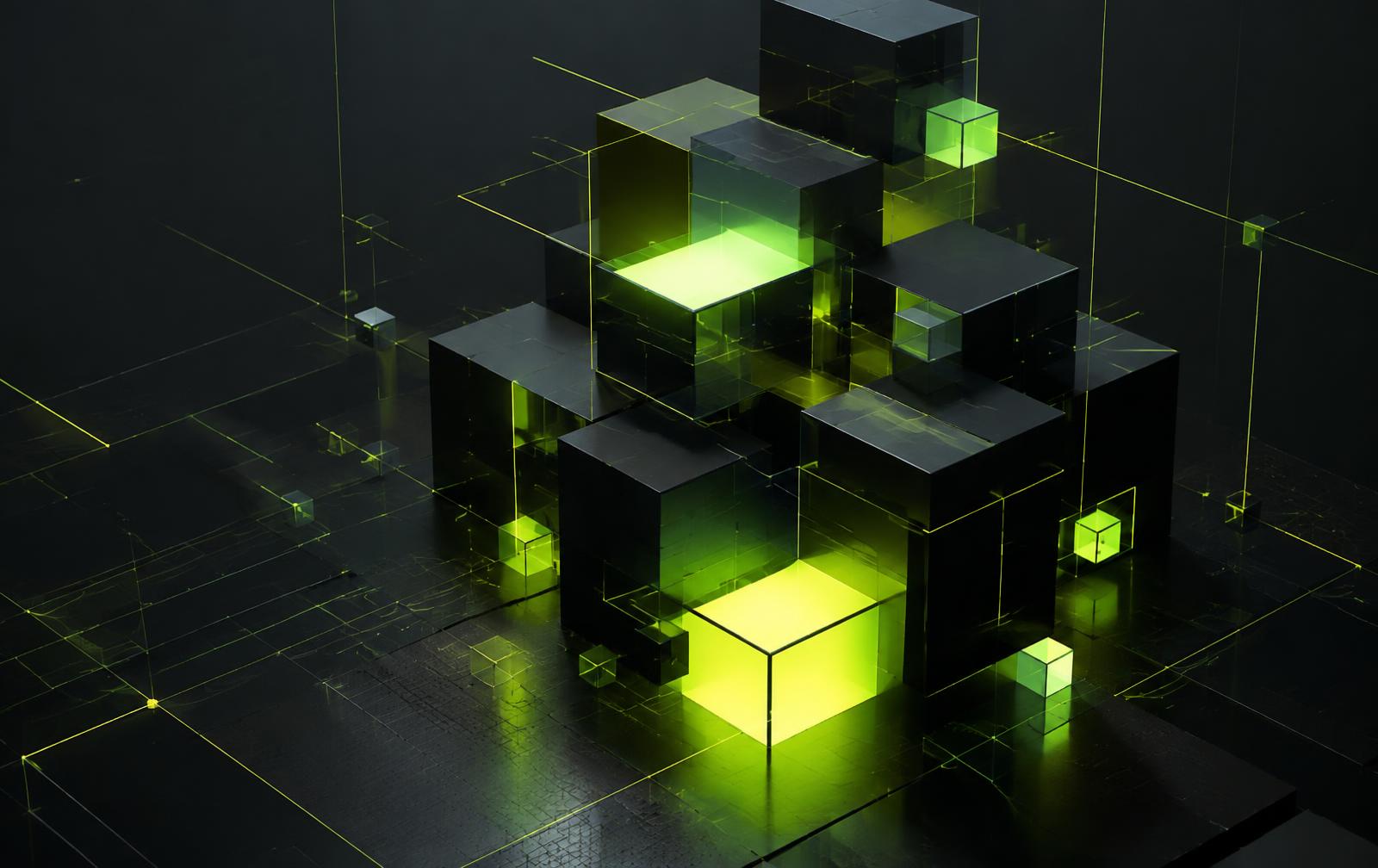 Abstract render of stacked dark glass cubes lit by electric lime light